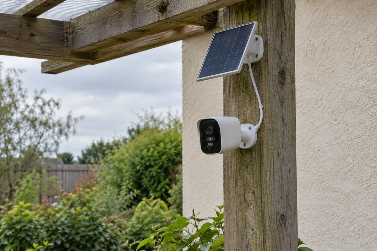 Caméra extérieure et petit panneau solaire fixés sur une pergola