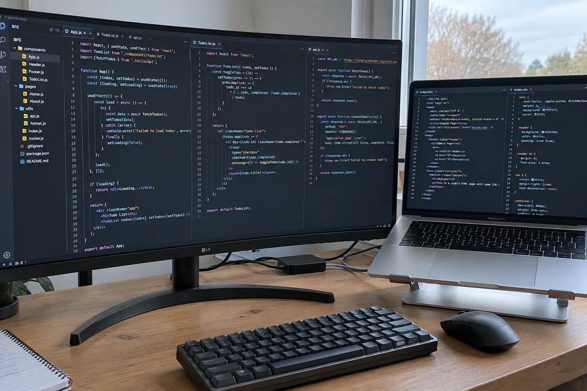 Bureau avec deux écrans affichant du code